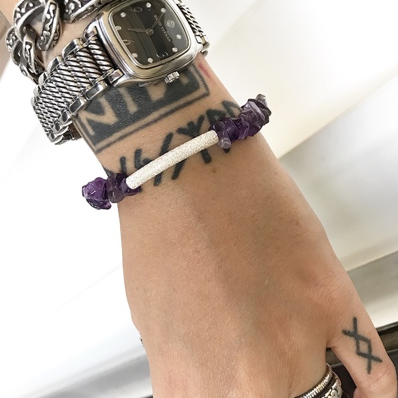 amethyst gem chips silver bar bracelet - Picture 6 of 8